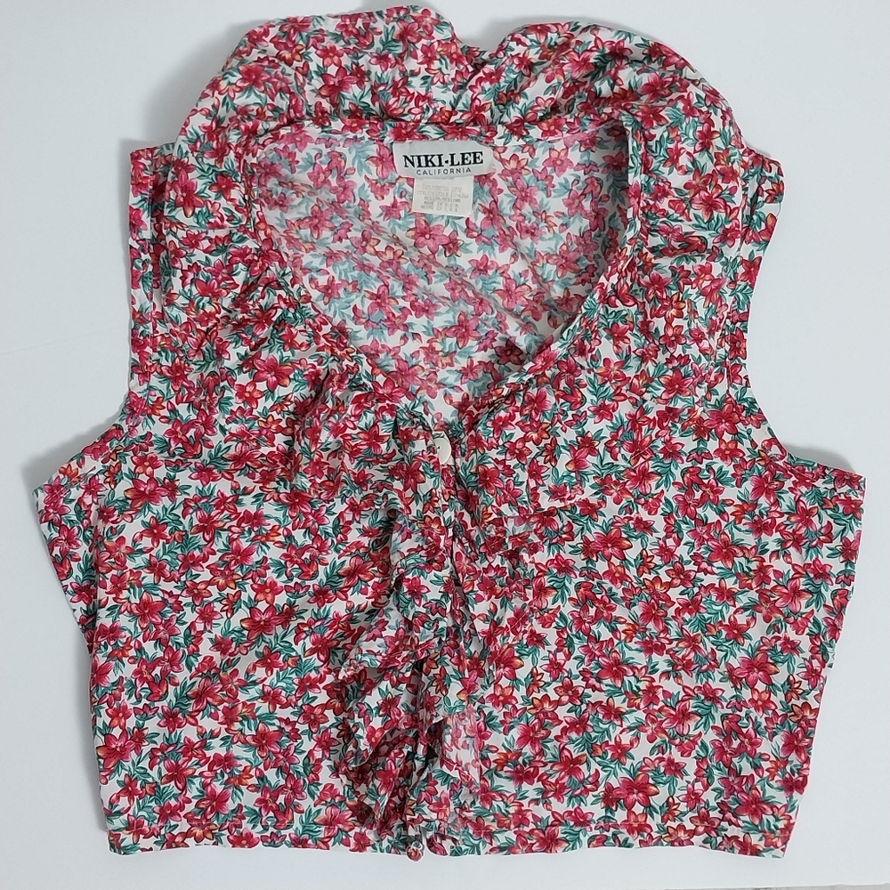 Vintage 1990s Niki-lee California Cropped Ruffle Tank Crop Top Floral Print S